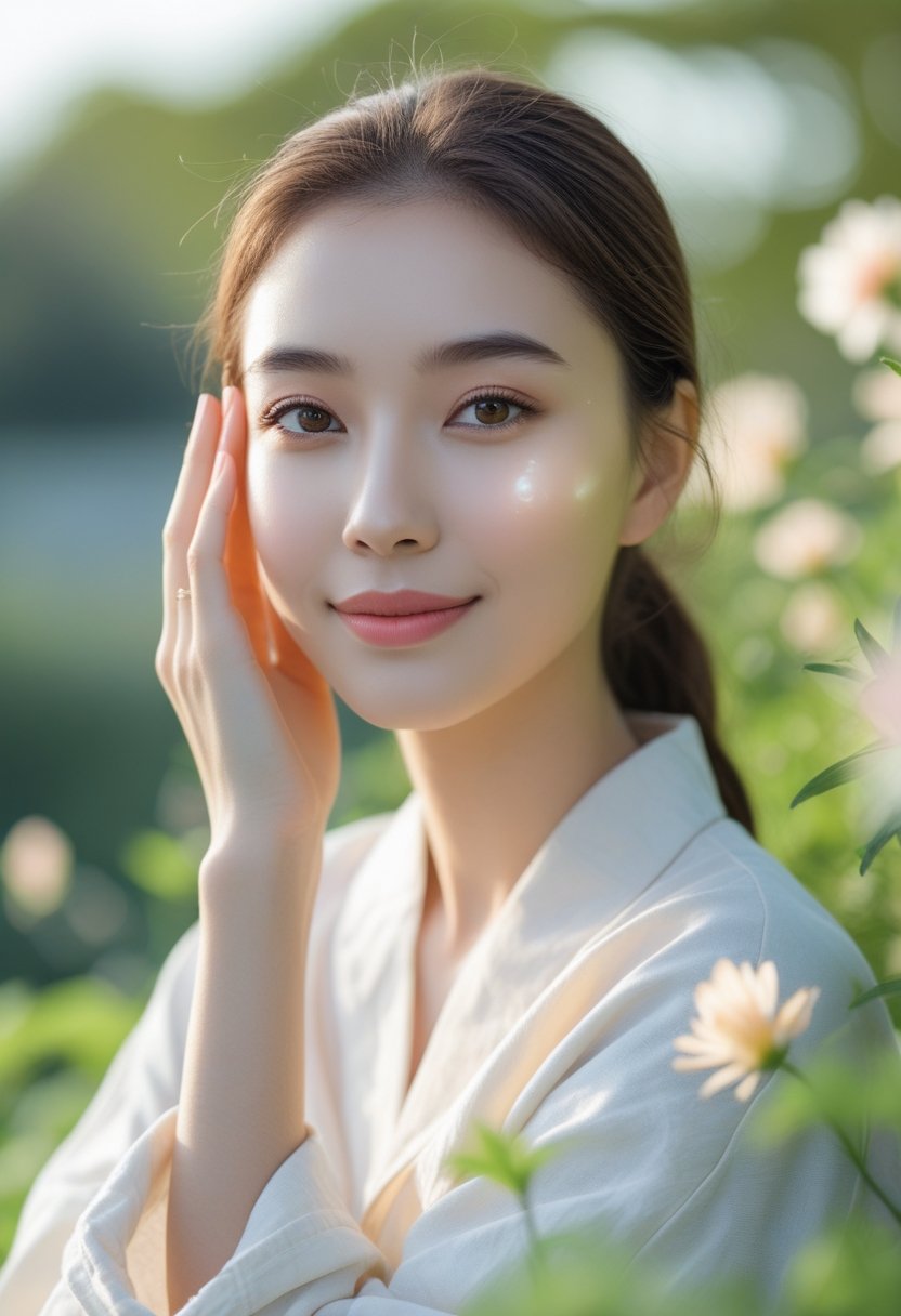 A young woman with glowing skin gently touching her face outdoors surrounded by greenery and flowers.
